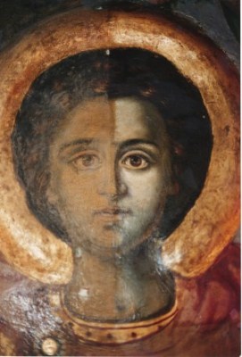 The mural of Saint George at Paralimni. 19th and 20th centuries. The head during treatment. In collaboration with the painter and conservator Sergis Sergiou, 1991.